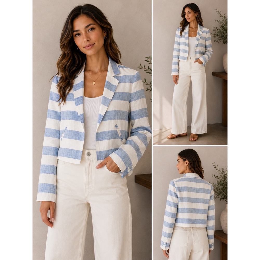 Ett:twa by Anthropologie 100% Linen Cropped Blazer Blue White Stripe Jacket 4